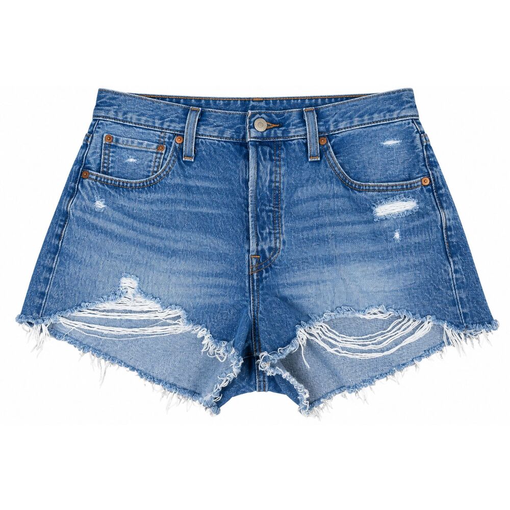Women’s High Rise Distressed Denim Cutoff Shorts Medium Wash Ripped Raw Hem